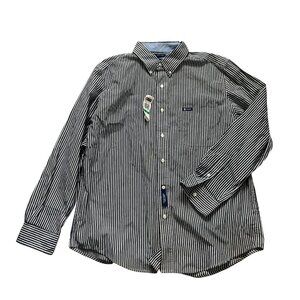 Chaps Mens Gray/White Striped Easy Care Button-Up Shirt L